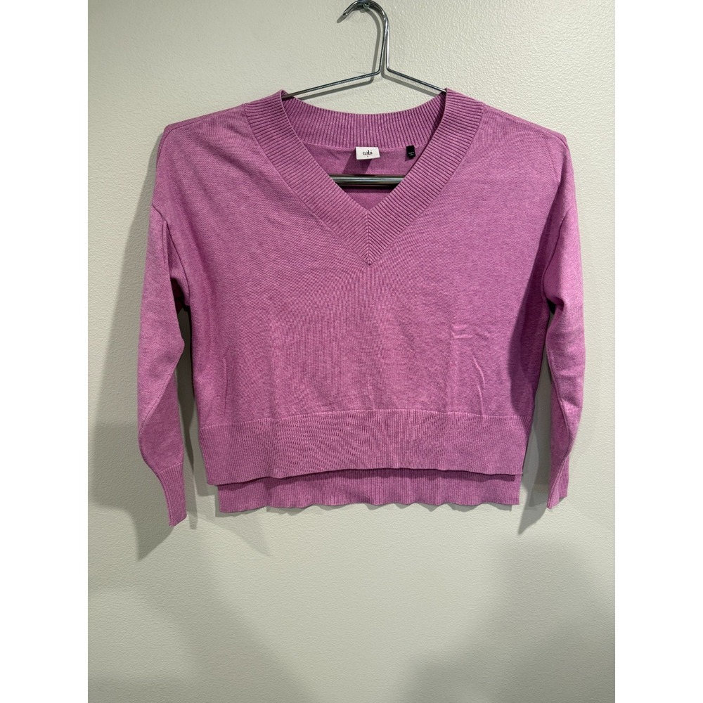 Cabi Shrunken Sweater‎ Women's L Pink Rayon Ribbed Hem High Low V-Neck Pullover